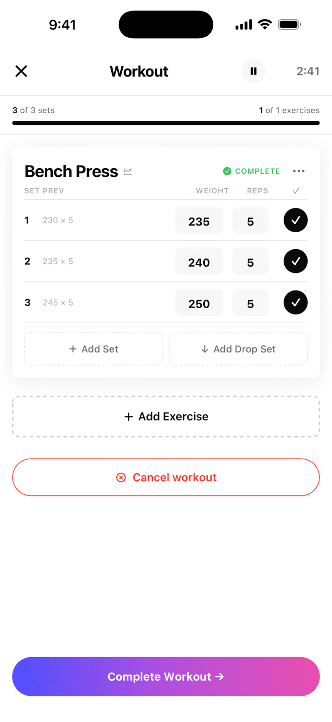 The Fitbo workout logger with a completed Bench Press: three sets logged and checked off