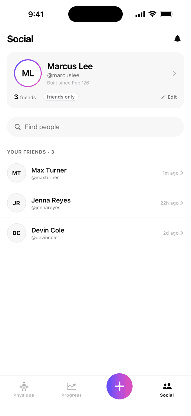 The Fitbo social tab: a profile with three friends and their recent training activity