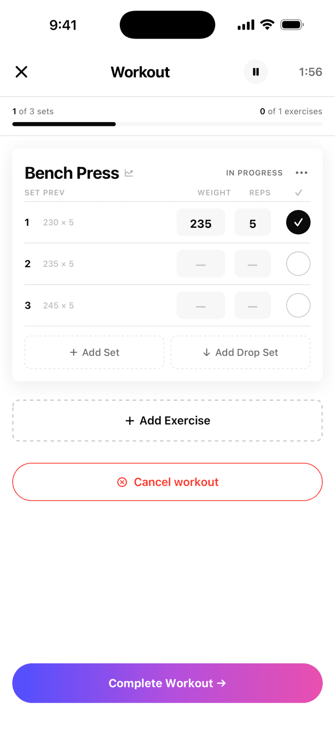 The Fitbo workout logger mid-session: Bench Press with last time's weight and reps ghosted into every set